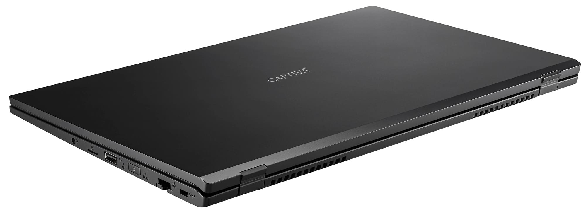 Ein geschlossener schwarzer Laptop mit dem Schriftzug "CAPTIVA" auf dem Deckel.