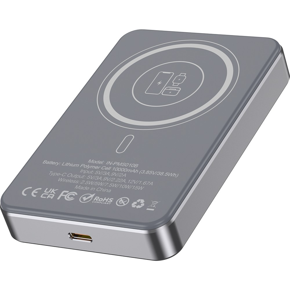 Gri USB-C portlu ve kablosuz şarj ikonlu kablosuz şarj cihazı.