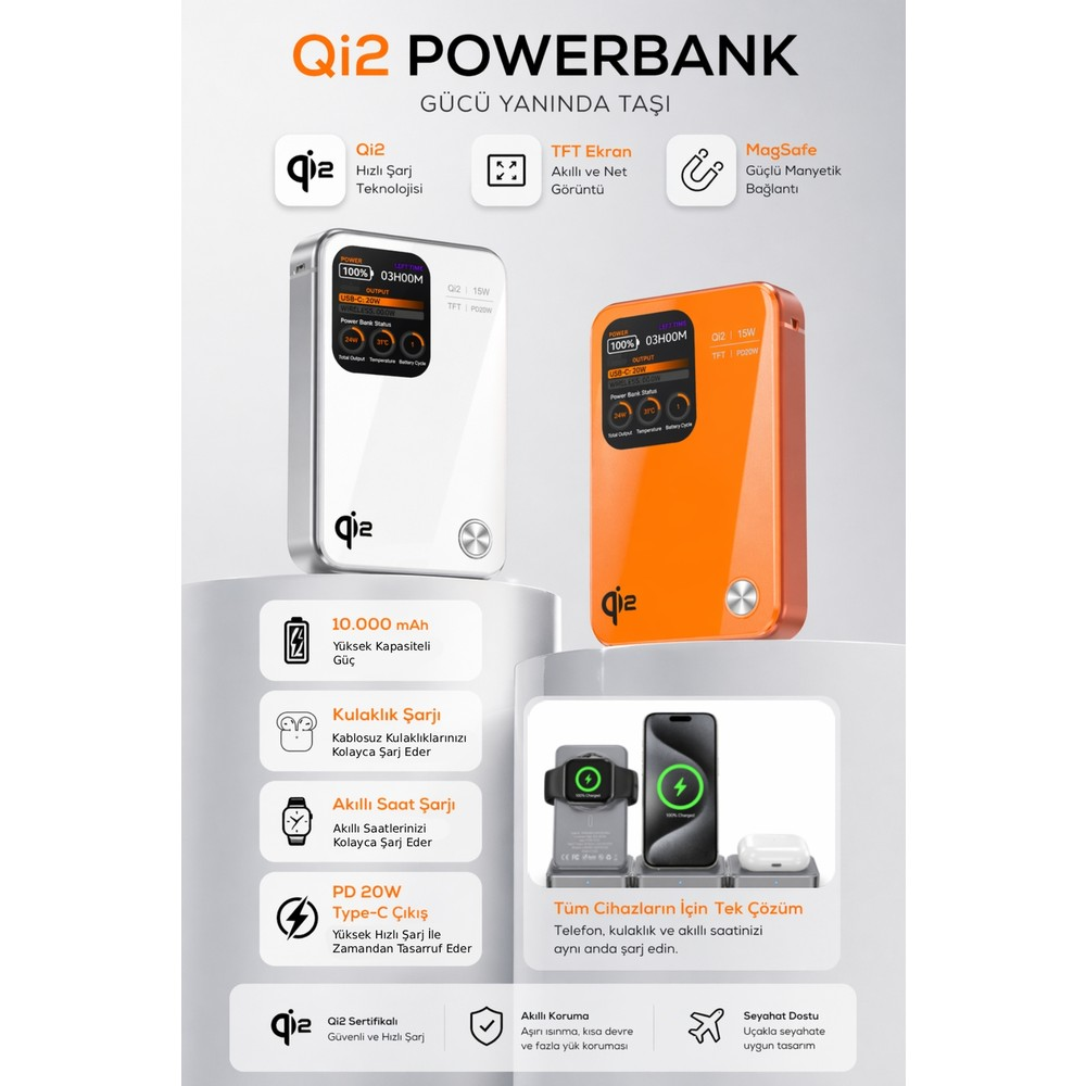 TFT ekranlarda şarj bilgisi gösteren beyaz ve turuncu iki adet Qi2 powerbank.