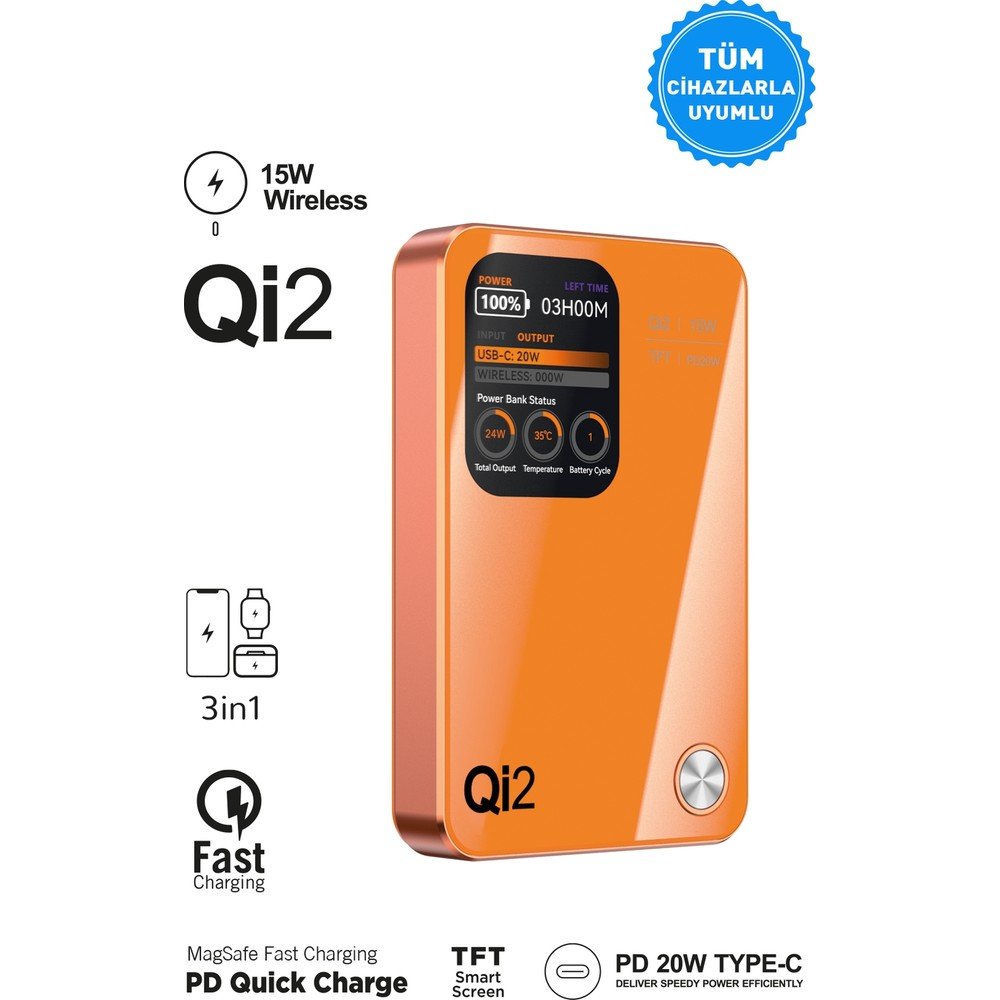 Dijital ekranlı turuncu Qi2 powerbank, %100 şarj ve 3 saat kalan süreyi gösteriyor.