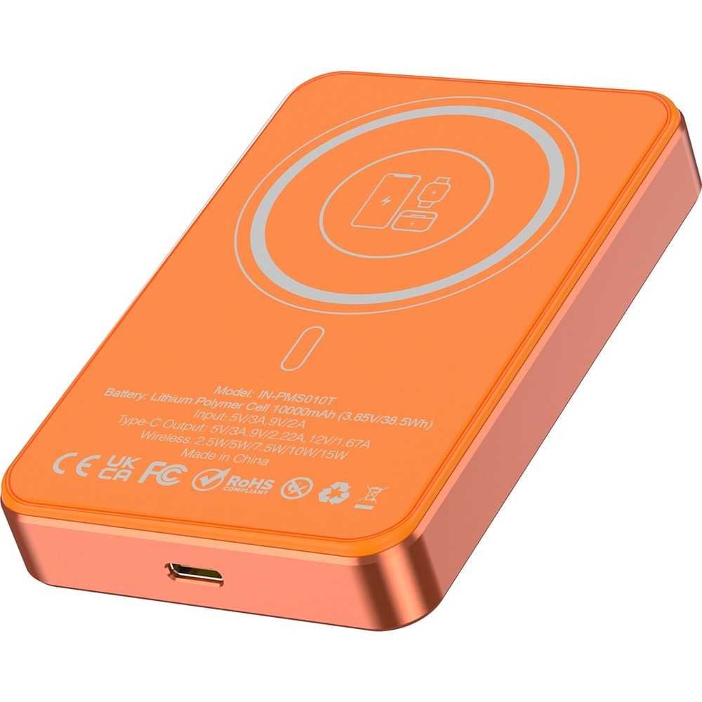 Şarj göstergeleri ve bağlantı noktaları olan turuncu powerbank.