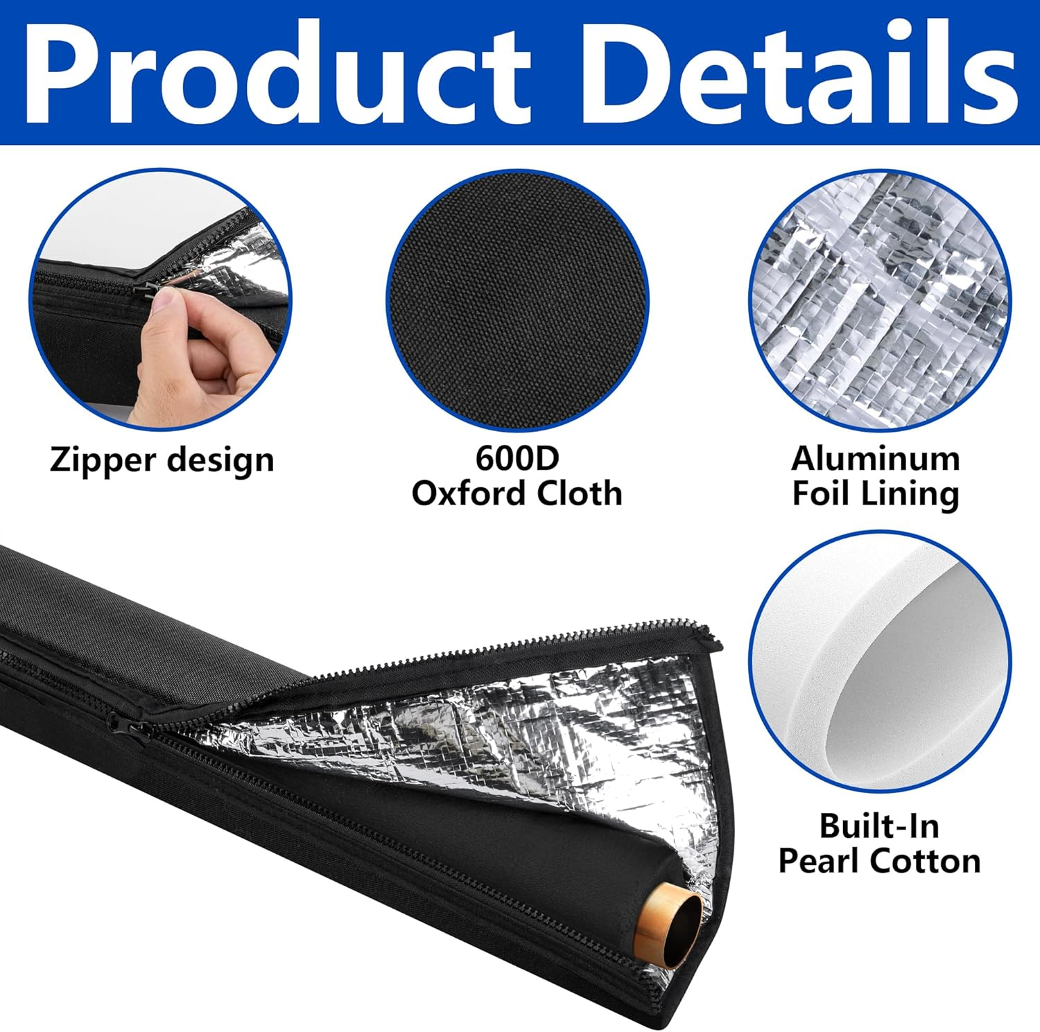 Produktdetails: Reißverschluss, 600D Oxford-Stoff, Aluminiumfolienauskleidung, Baumwolle.