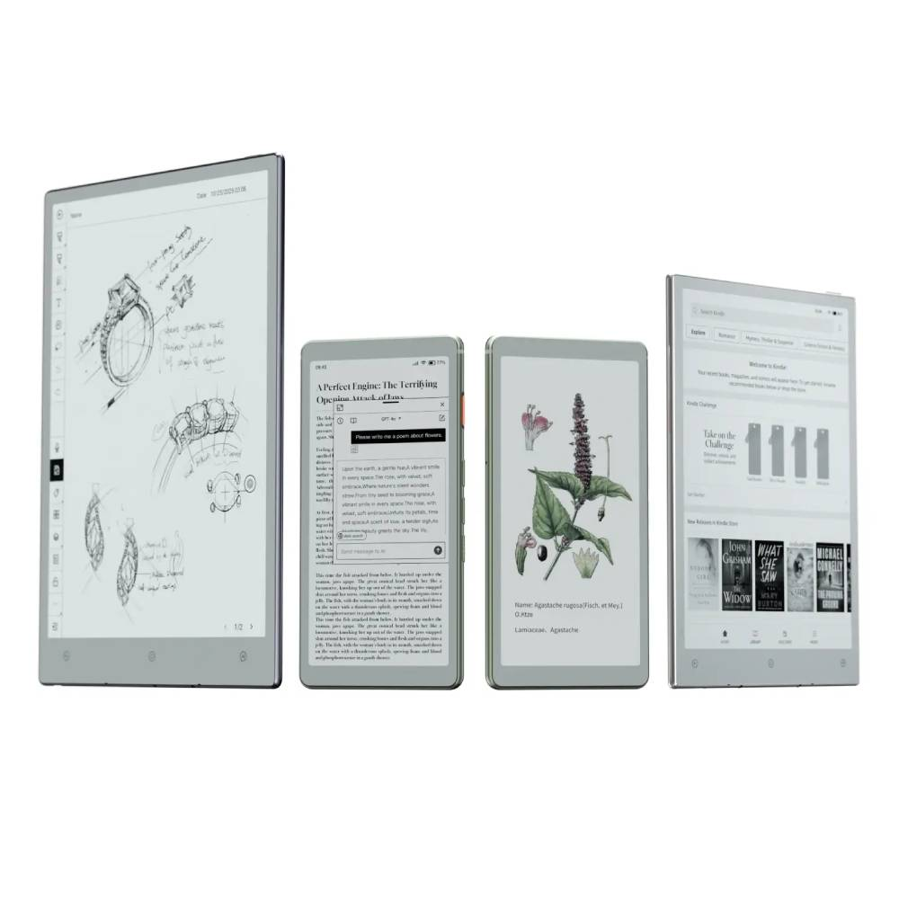 Quatre liseuses côte à côte, montrant des croquis, du texte et des couvertures de livres.