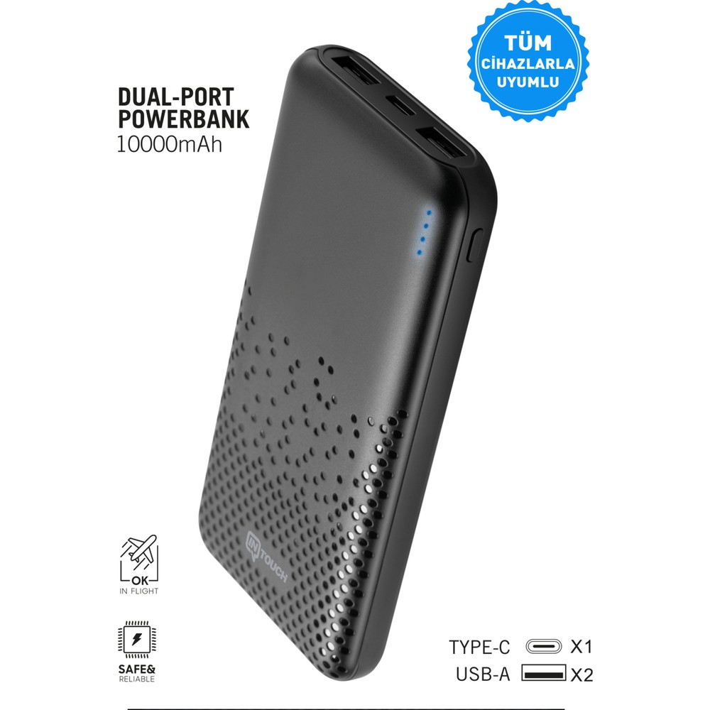 Siyah 10000mAh çift portlu powerbank, delikli tasarım ve LED göstergeli.