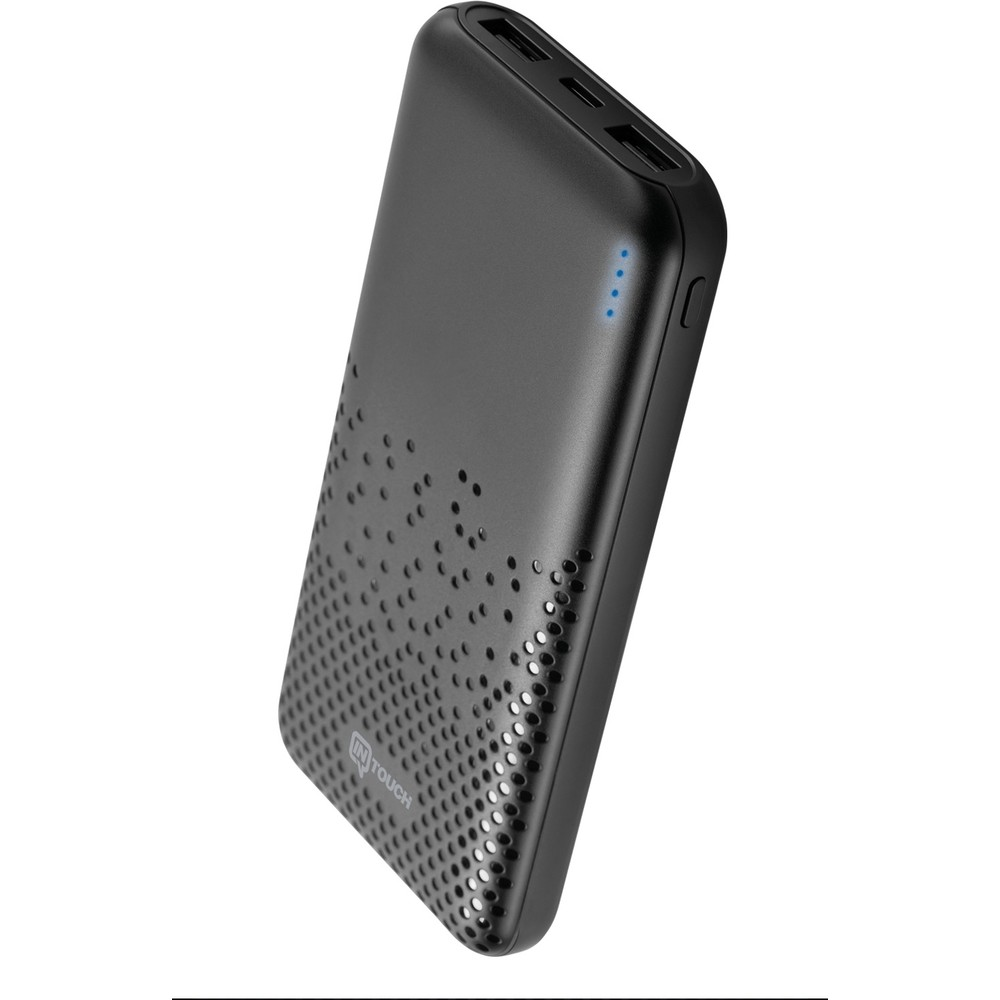 Delikli desenli ve mavi şarj göstergeli siyah powerbank.