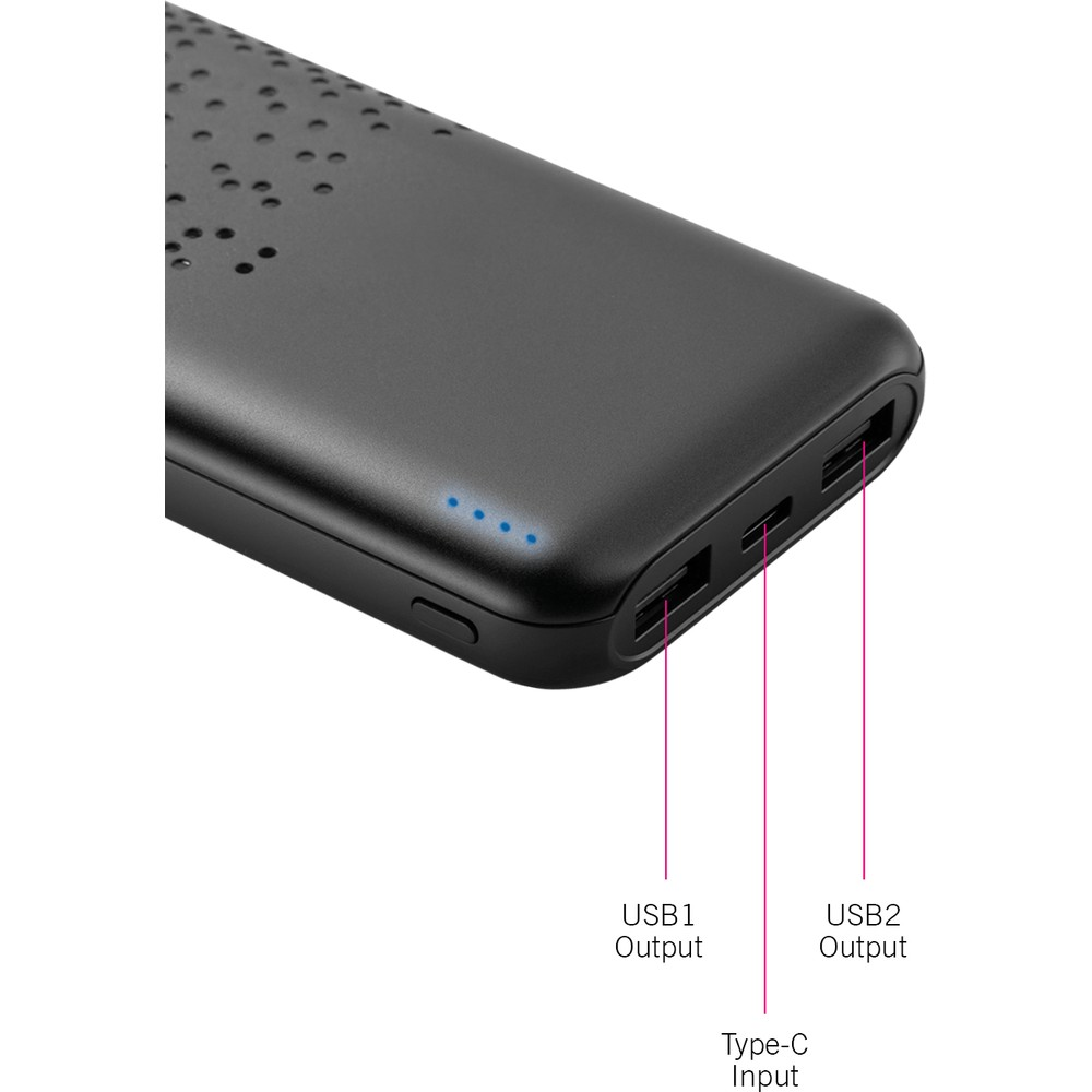 USB1, USB2 çıkışlı ve Type-C girişli siyah powerbank.