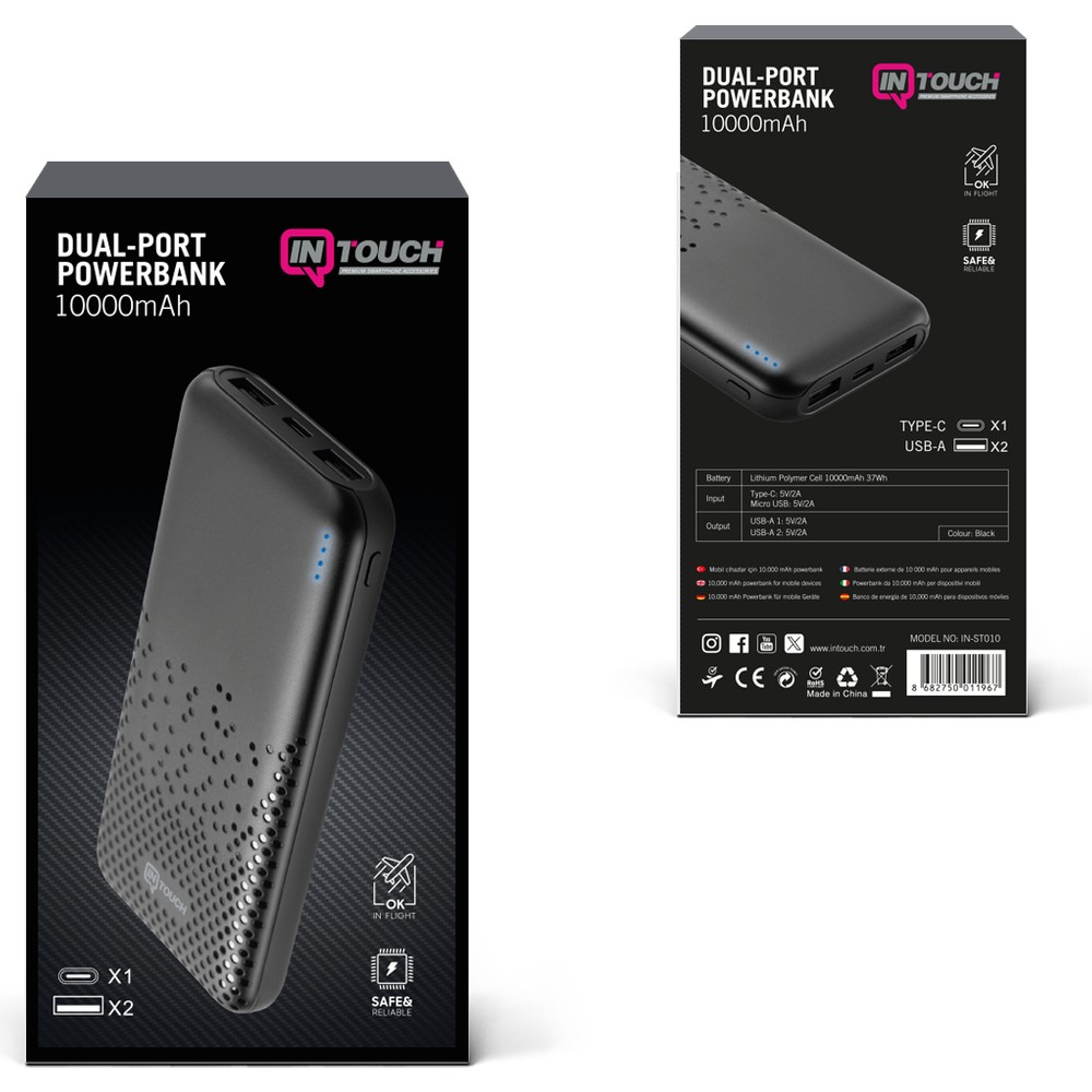 Type-C ve USB-A şarj bağlantı noktalarına sahip siyah çift portlu 10000mAh powerbank.