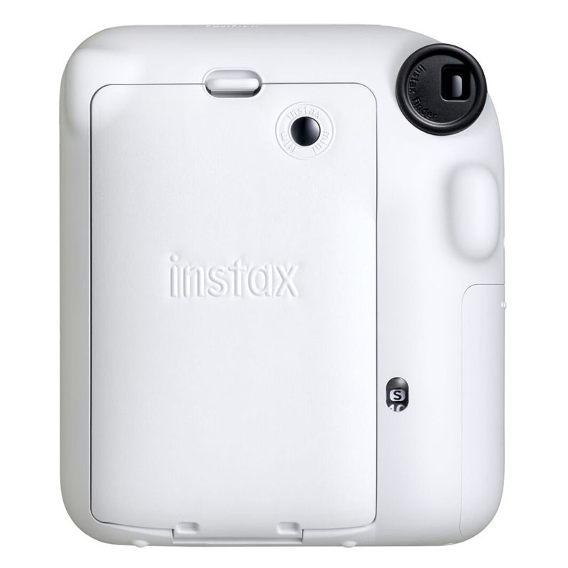 Parte trasera de una cámara instantánea Instax blanca con abertura y visor.