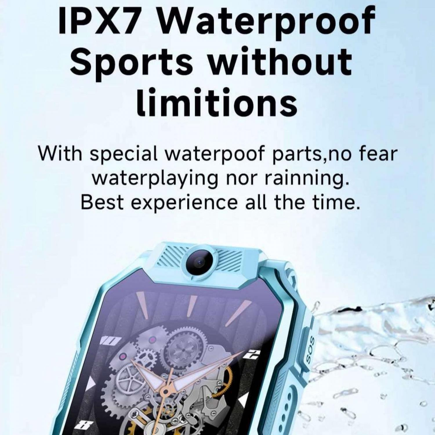 Hellblaue Smartwatch mit mechanischem Zifferblatt und Kamera, wasserdicht.