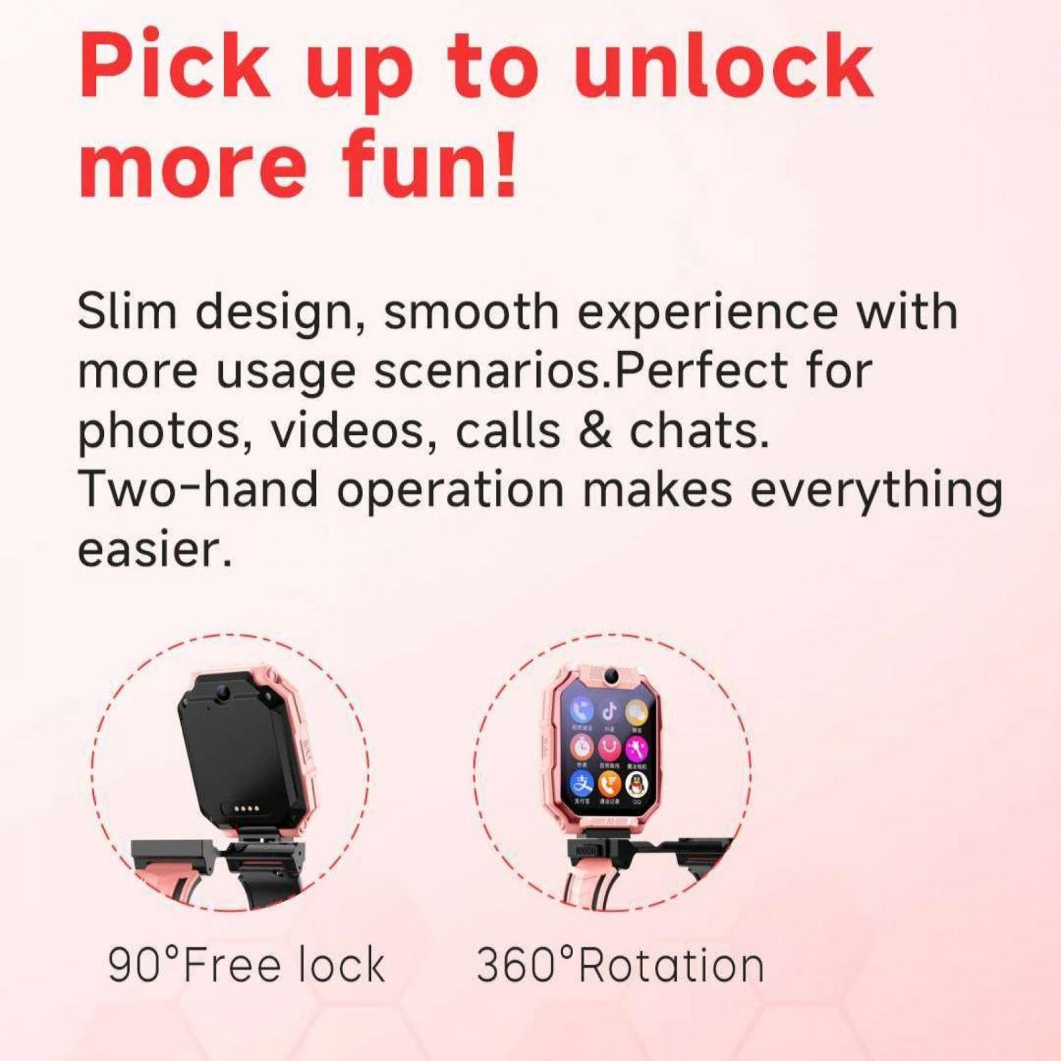 Ein rosa Smartwatch mit 90° Freisperre und 360° Drehung.