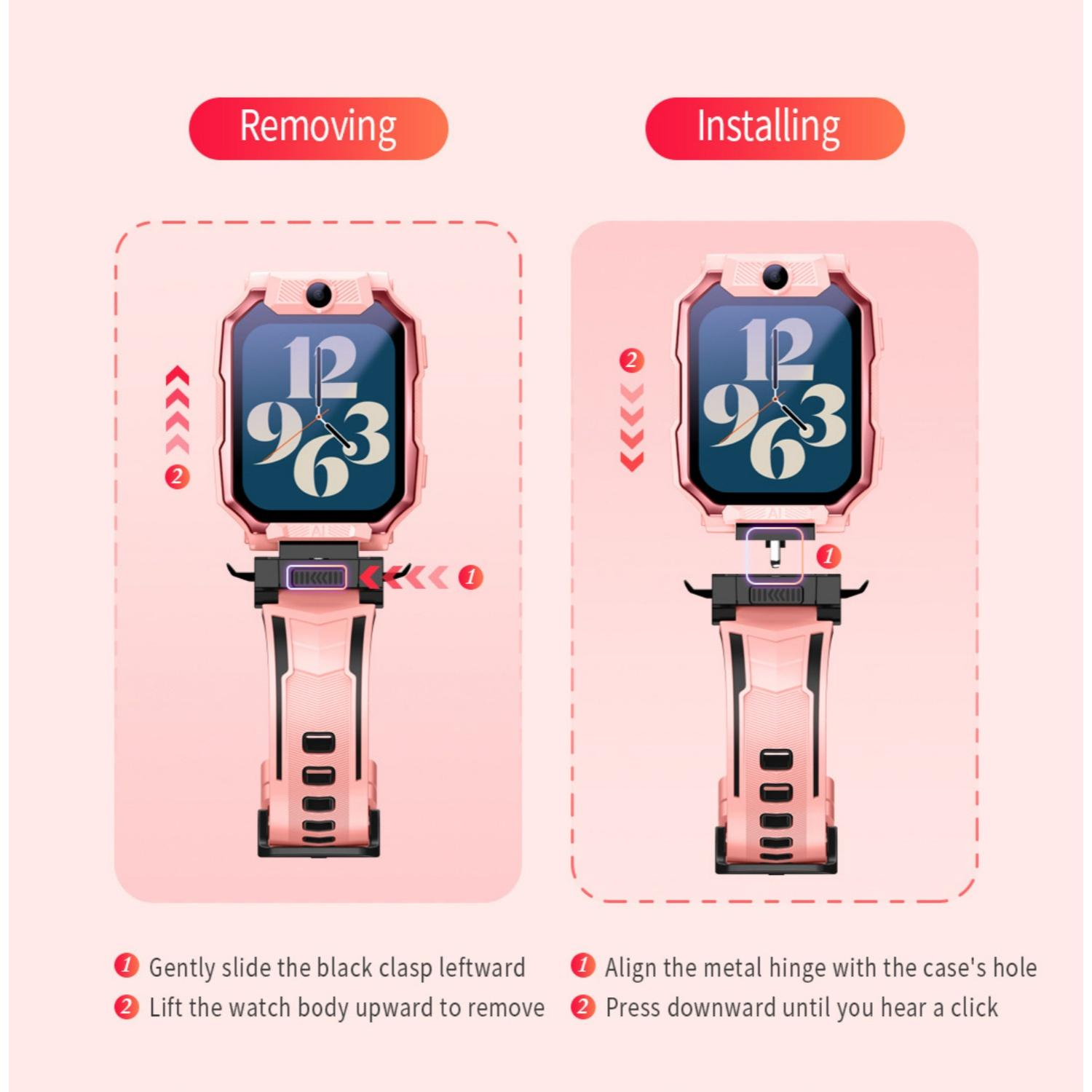 Illustration zeigt das Entfernen und Installieren einer rosafarbenen Smartwatch.