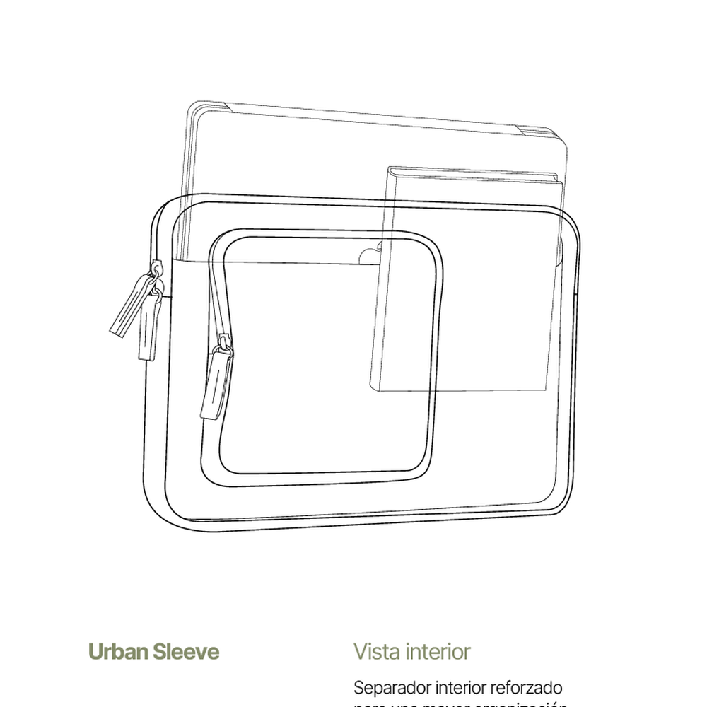 Disegno stilizzato di una custodia per laptop con cerniera e scomparto interno.