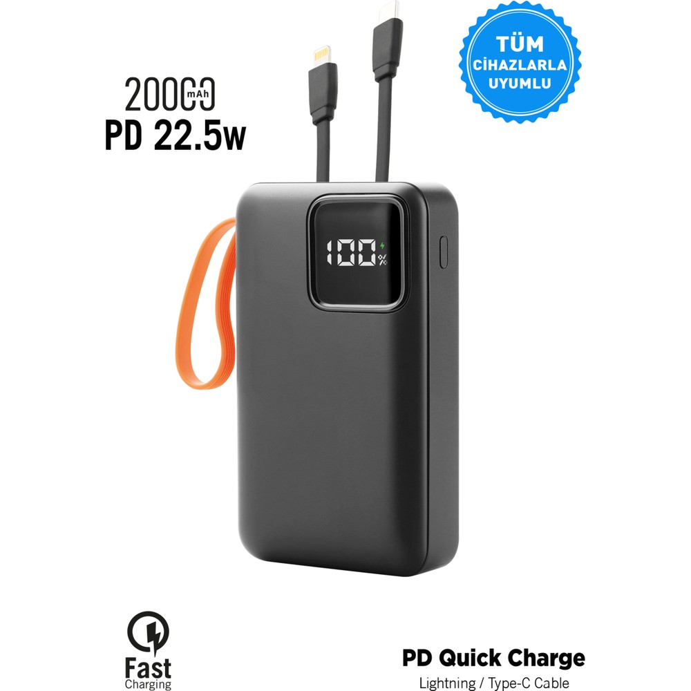Siyah 20000 mAh, 22,5W PD powerbank turuncu kordonlu, %100 şarj göstergeli.