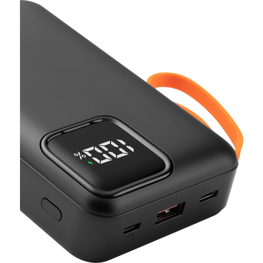 Dijital ekranlı (100%) siyah powerbank ve turuncu kayış.