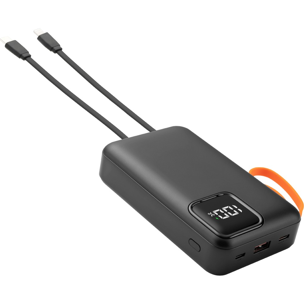 İki şarj kablolu, dijital ekranlı, turuncu askılı siyah powerbank.