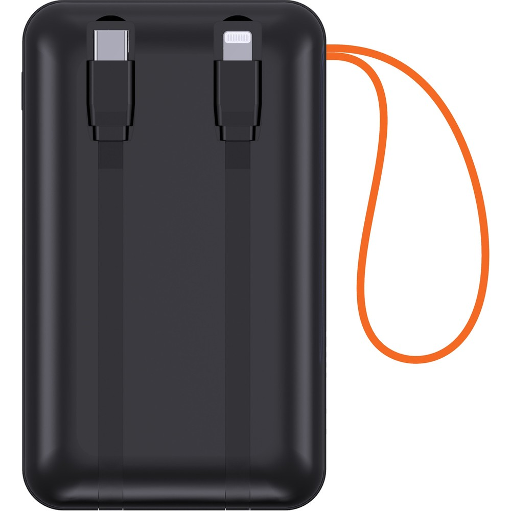 USB-C ve Lightning kabloları takılı siyah powerbank ve turuncu kordon.