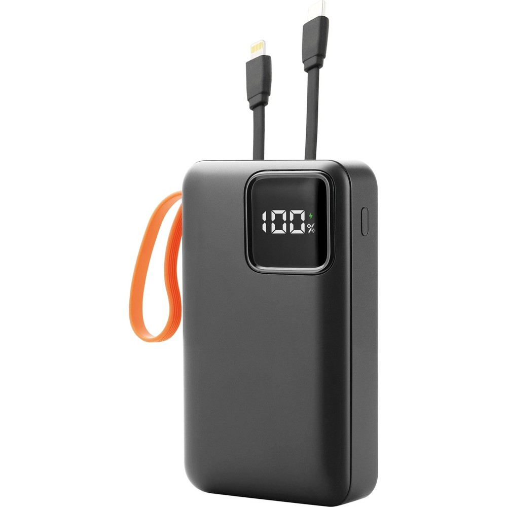Turuncu askılı siyah power bank, ekranda %100 şarj gösteriyor.