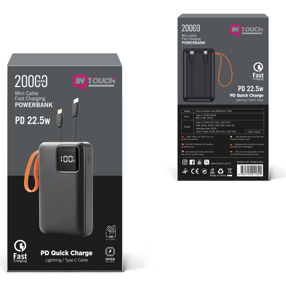 Dijital ekranlı, turuncu kordonlu ve kablolu siyah 20.000 mAh powerbank.
