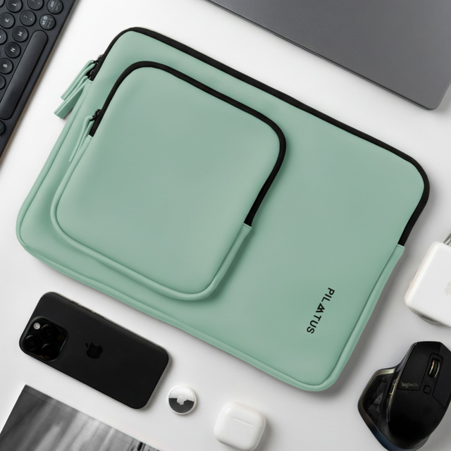 Custodia per laptop verde menta con tasca frontale, telefono, AirPods, mouse, tastiera