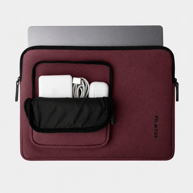 Una custodia per laptop color vinaccia con laptop argentato e accessori nella tasca anteriore.