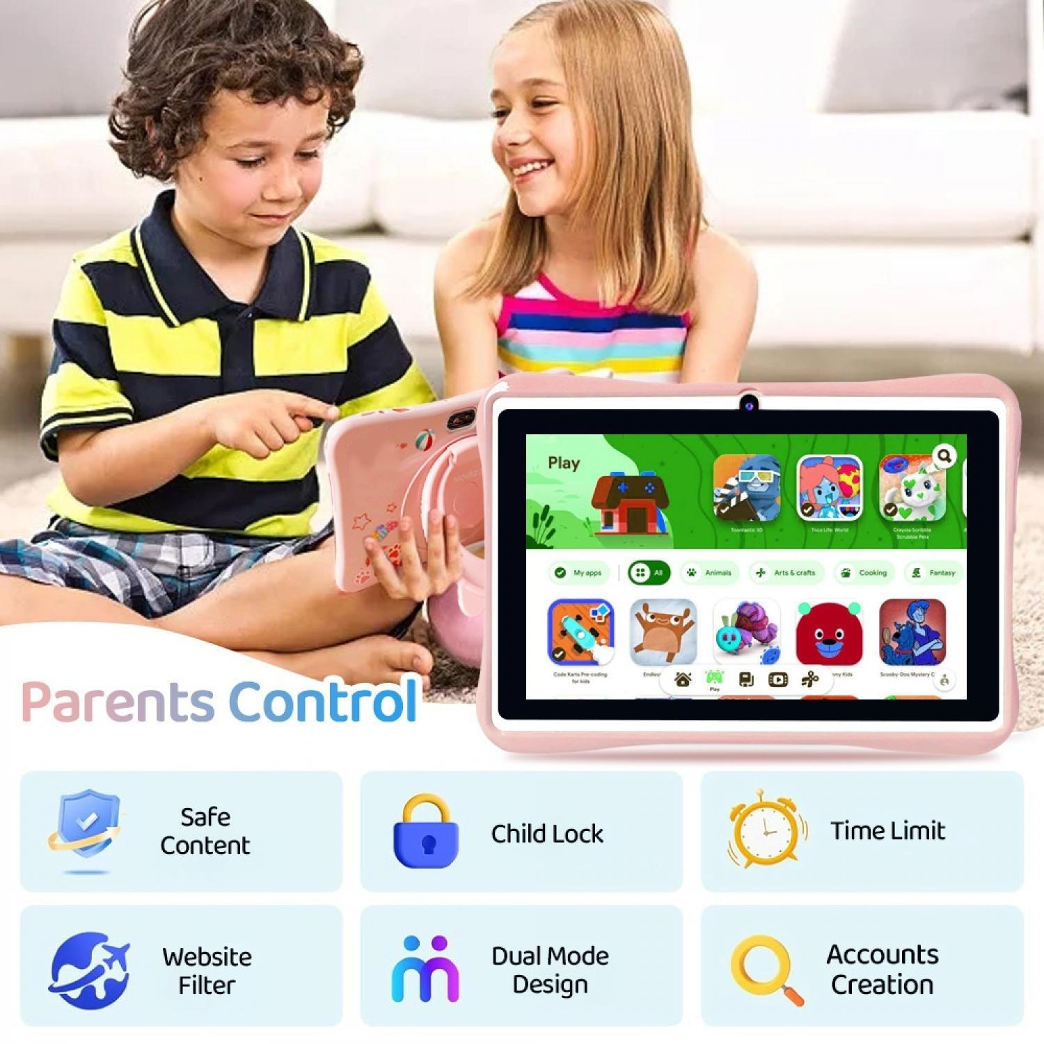 Zwei Kinder spielen mit einem pinken Tablet, das Spiel-Icons anzeigt, mit aufgelisteten Kindersicherungsfunktionen.