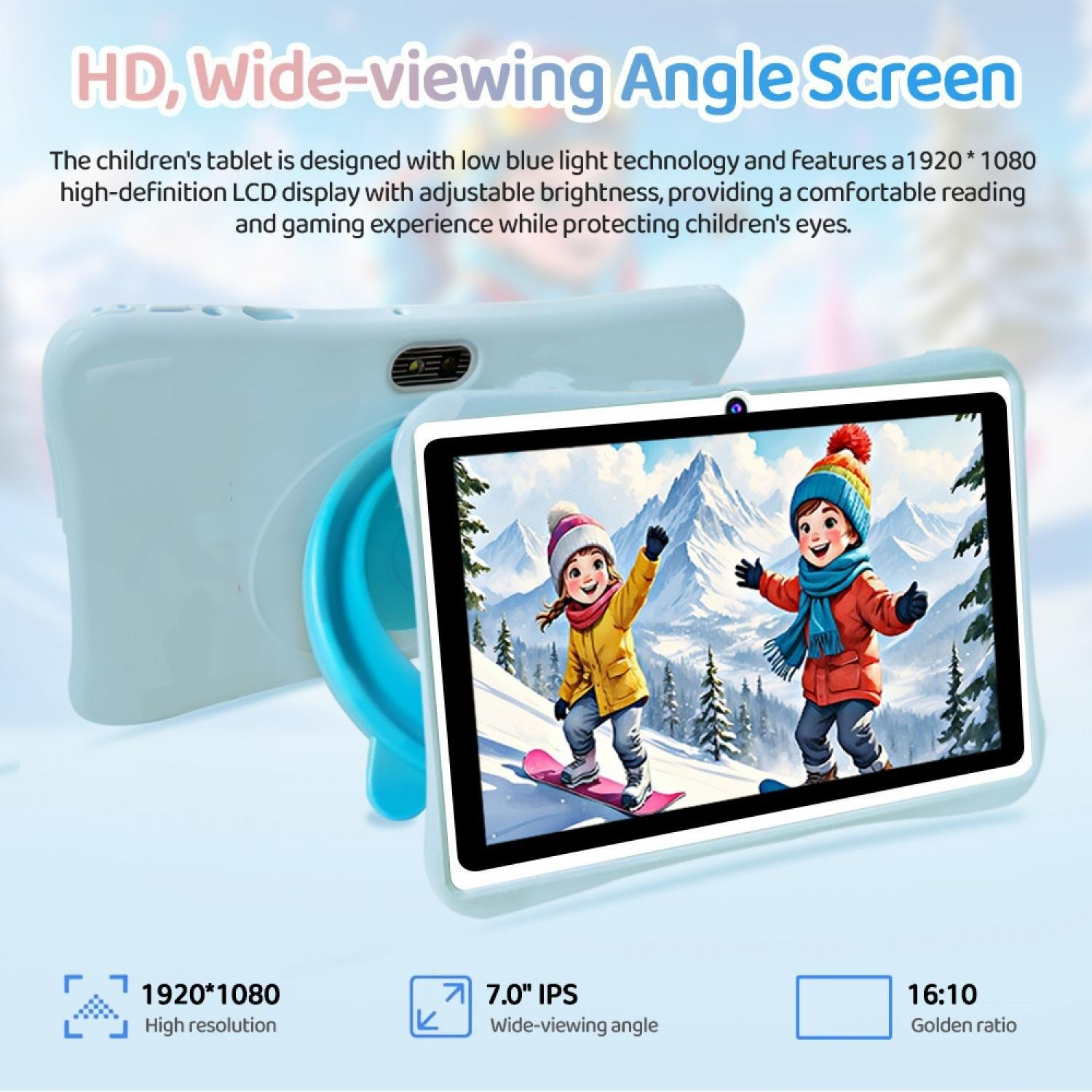 Ein hellblaues Kinder-Tablet mit 7-Zoll-IPS-Display, das zwei Kinder beim Skifahren zeigt.