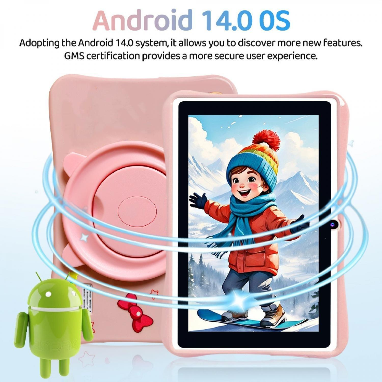 Ein Tablet mit Android 14.0 OS, rosa Hülle, Android-Figur und Bild eines Snowboarders.