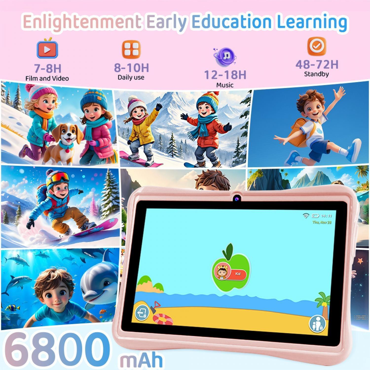 Ein rosafarbenes Tablet mit Videos von Kindern, die Snowboard fahren, einen Hund streicheln, springen und schwimmen.
