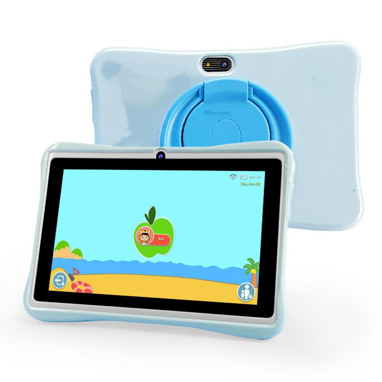 Ein blaues, kinderfreundliches Tablet zeigt eine Strandszene mit einem grünen Apfelcharakter.