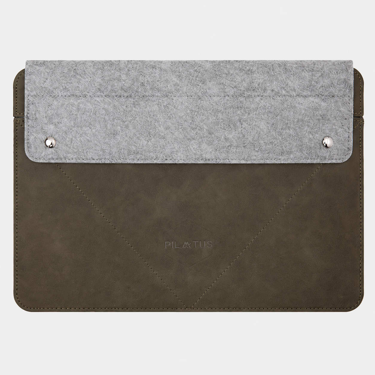 Custodia verde scuro in ecopelle per laptop con patta in feltro grigio e bottoni.