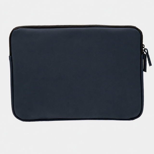 Custodia blu scuro per laptop con cerniera e tiretto.