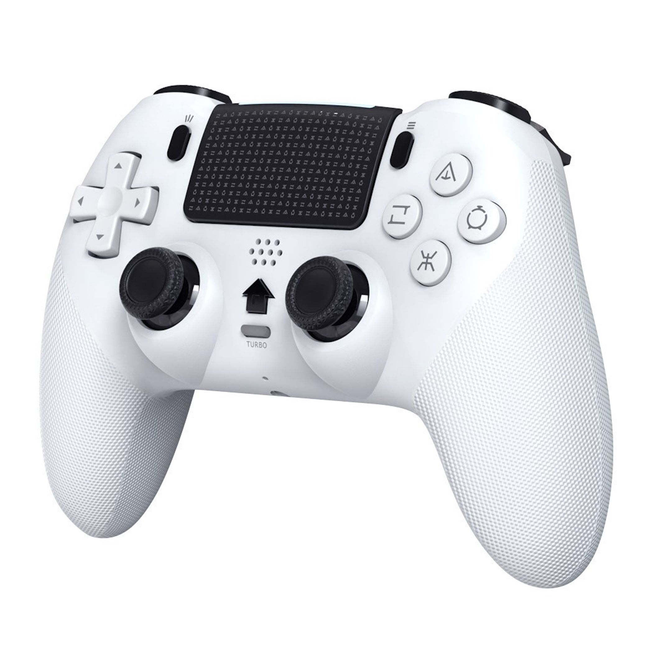 Ein weißer Gaming-Controller mit schwarzen Tasten und einem Gittermuster.