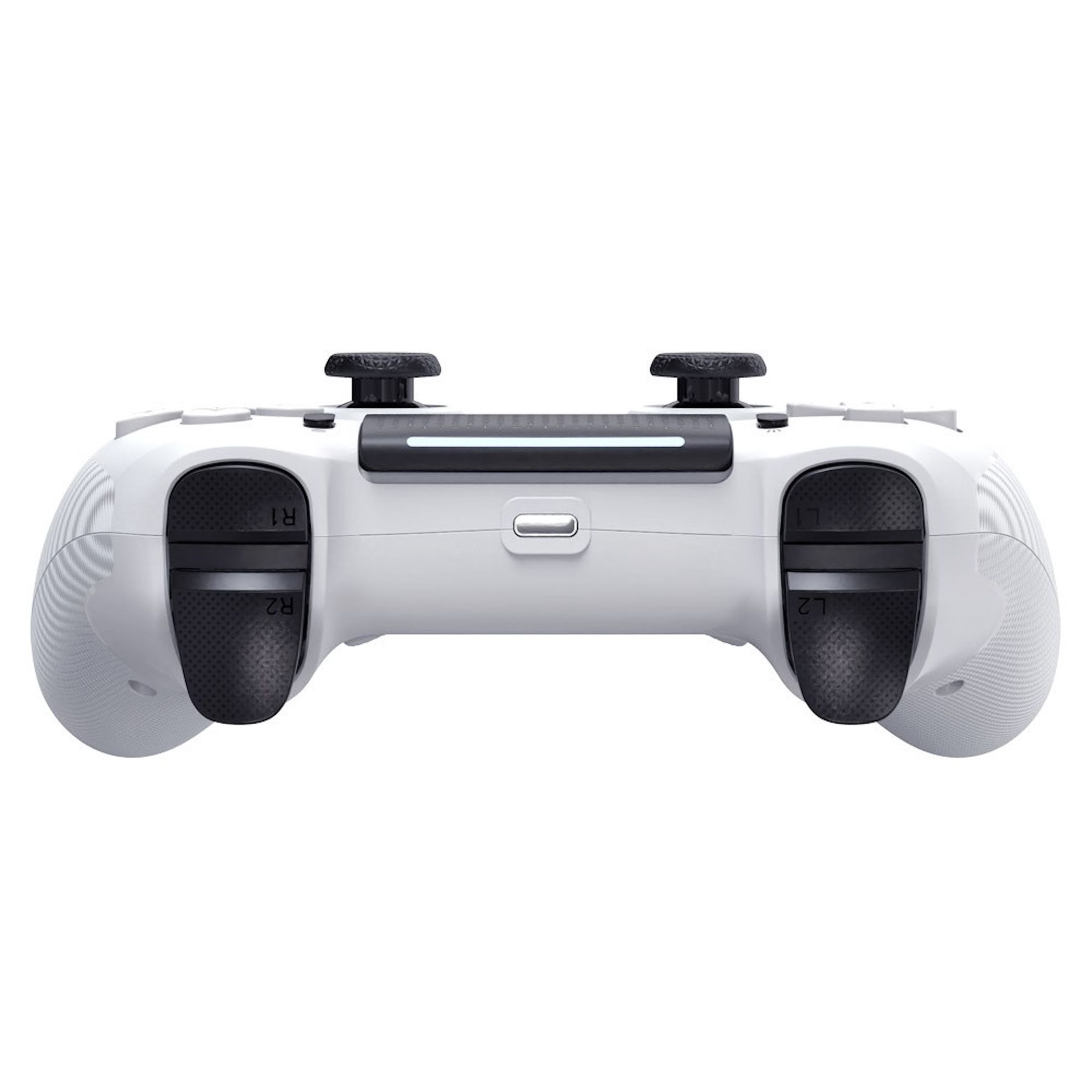 Ein weißer Controller mit schwarzen Tasten und Joysticks, auf weißem Hintergrund.