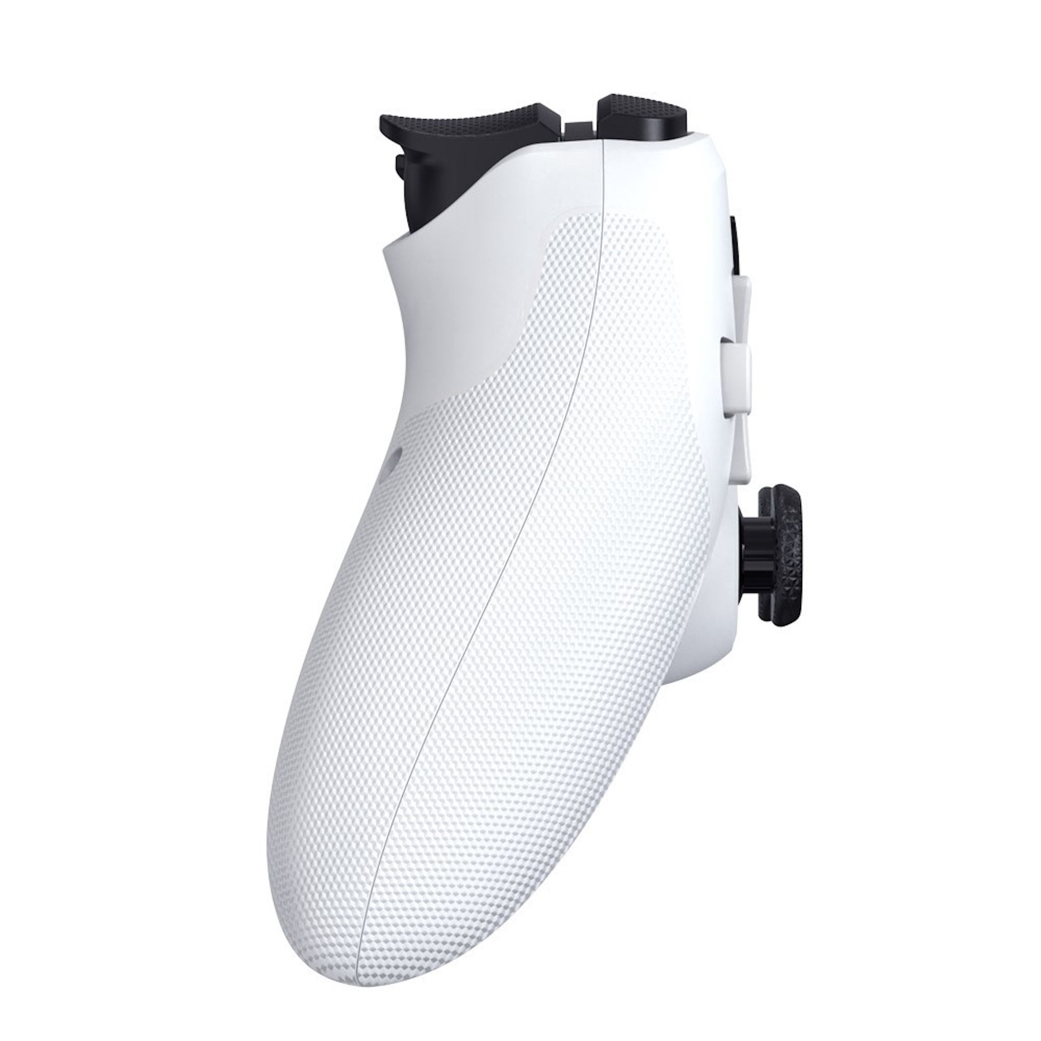 Weißer Controller mit schwarzem Joystick und Tasten, weiße Textur.