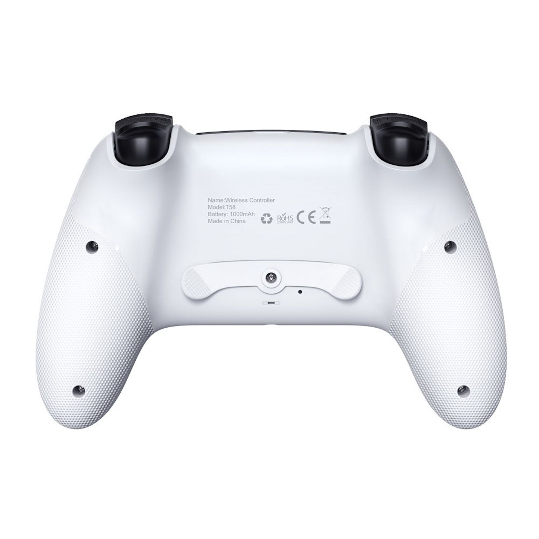 Weiße Wireless-Controller-Rückseite mit schwarzen Tasten und technischen Details.