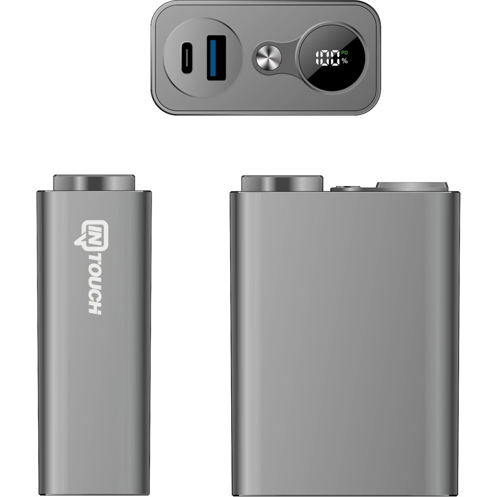 USB-C portlu ve dijital ekranlı gri powerbank bataryası.