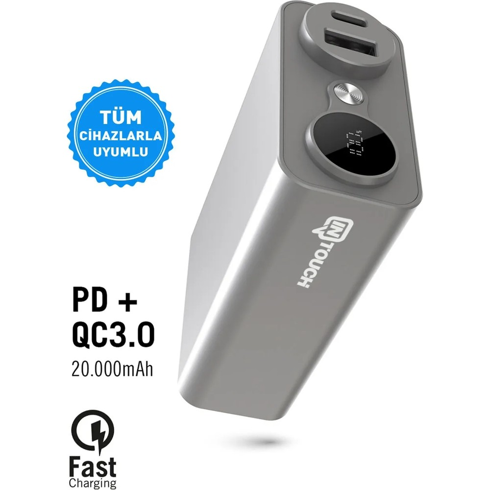 USB portlu ve dijital ekranlı gri powerbank. PD+QC3.0.