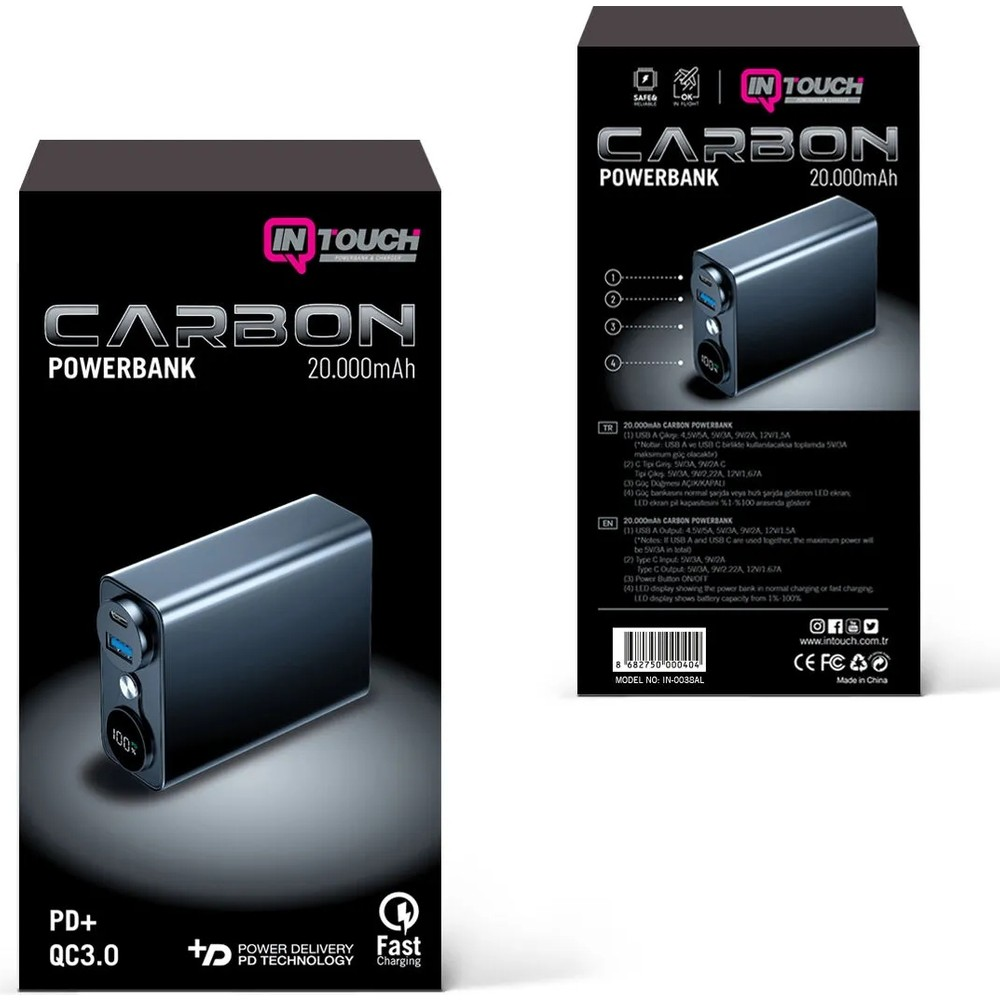 Siyah 20.000mAh powerbank PD+QC3.0, USB-A ve USB-C portlu, LED ekranlı.