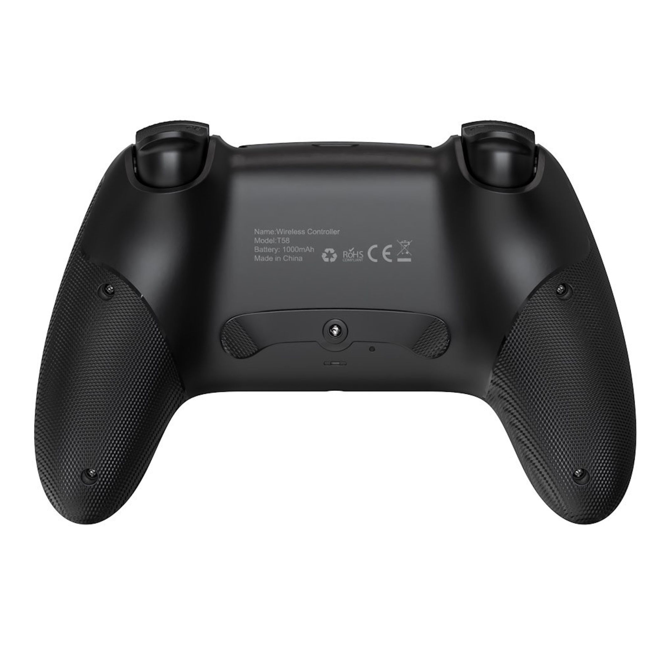 Schwarzer kabelloser Controller, Modell T58, mit texturierten Griffen und Markierungen.