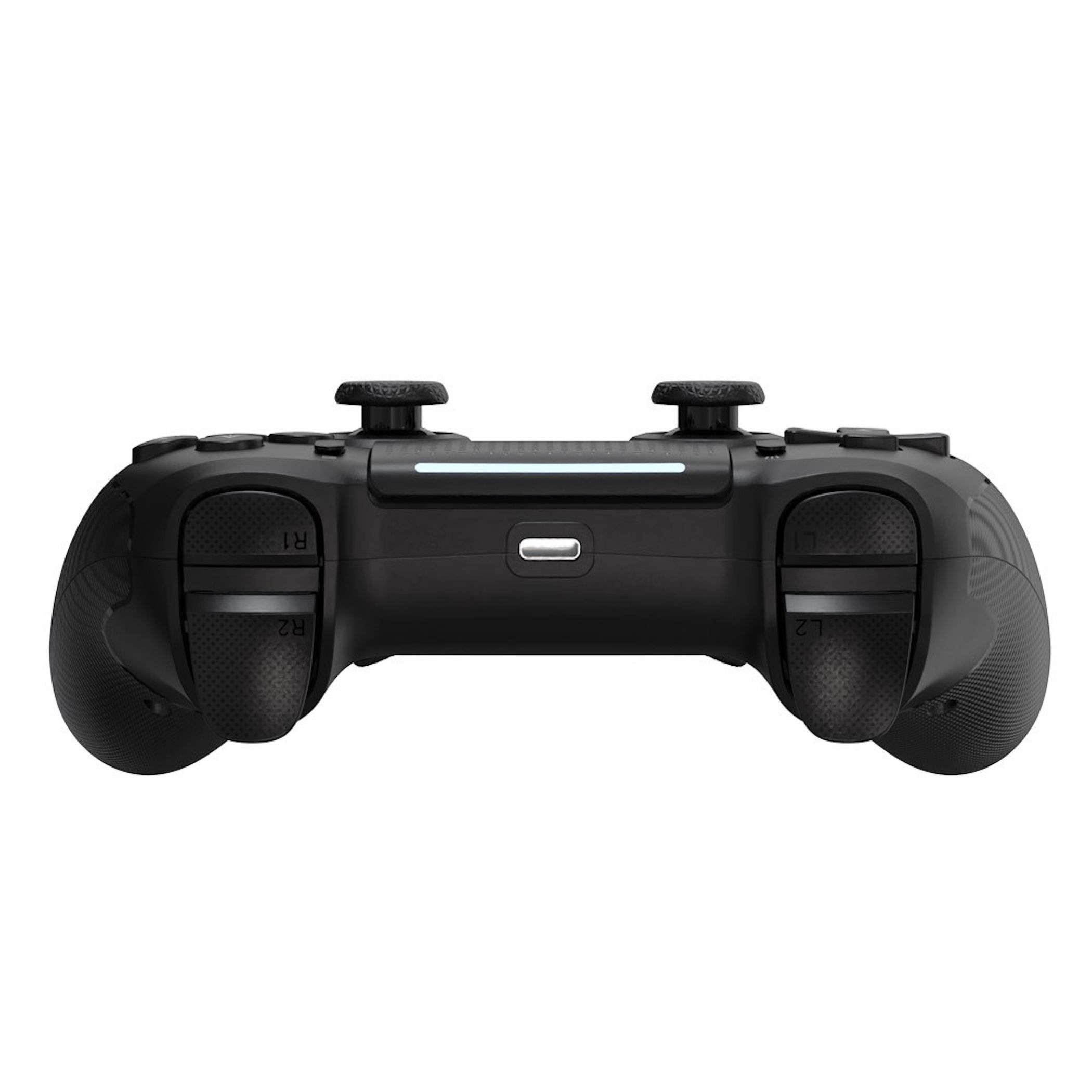 Schwarzer Gamecontroller mit zwei Joysticks, Tasten und einem Lichtbalken.