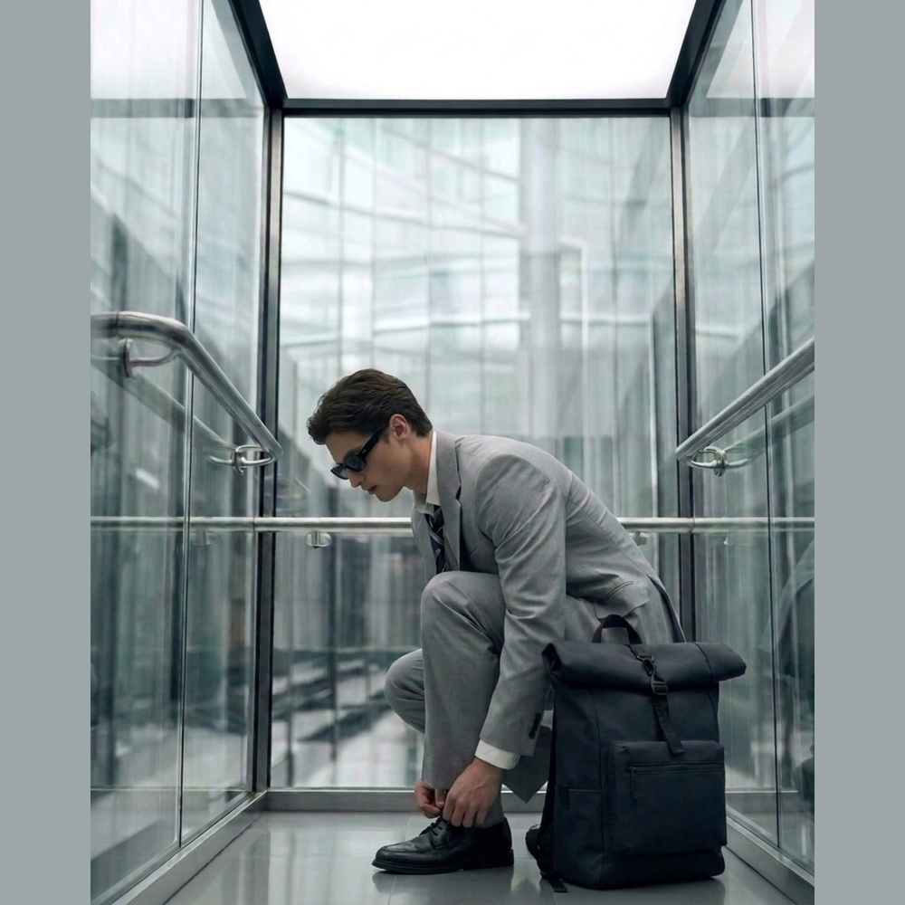 Un uomo in abito grigio si inginocchia in un ascensore di vetro, allacciandosi le scarpe. Uno zaino nero è accanto a lui.