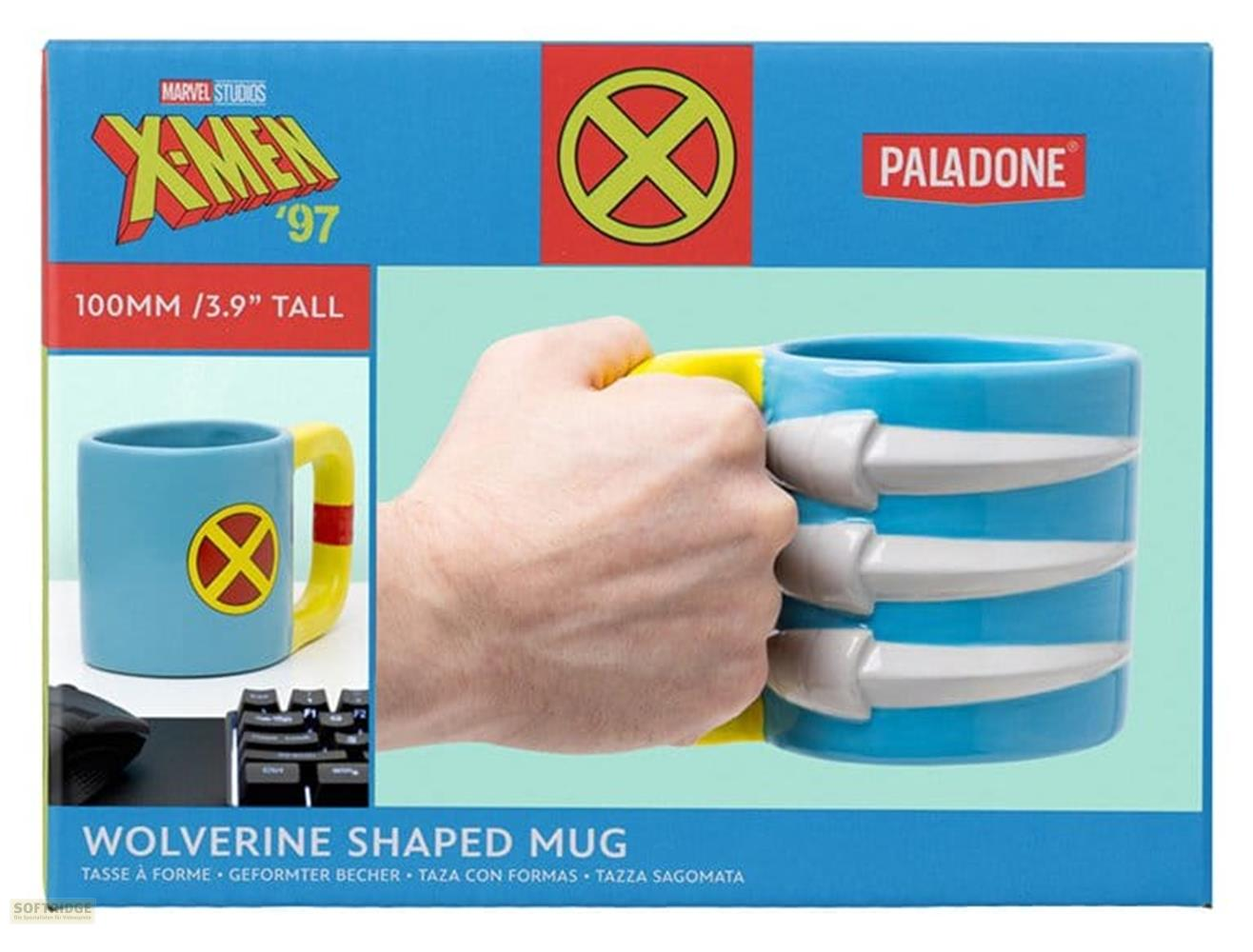 Blaue Tasse mit Wolverine-Krallen und dem X-Men '97 Logo.