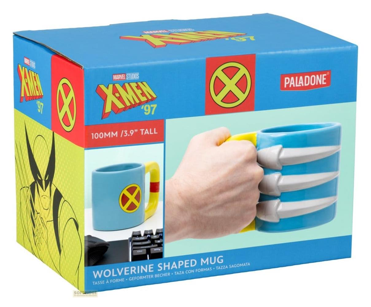 Eine blaue Tasse mit gelbem Griff, die Wolverines Krallen darstellt.