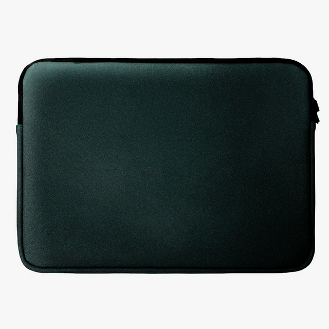 Custodia per laptop in neoprene verde scuro con cerniera nera.
