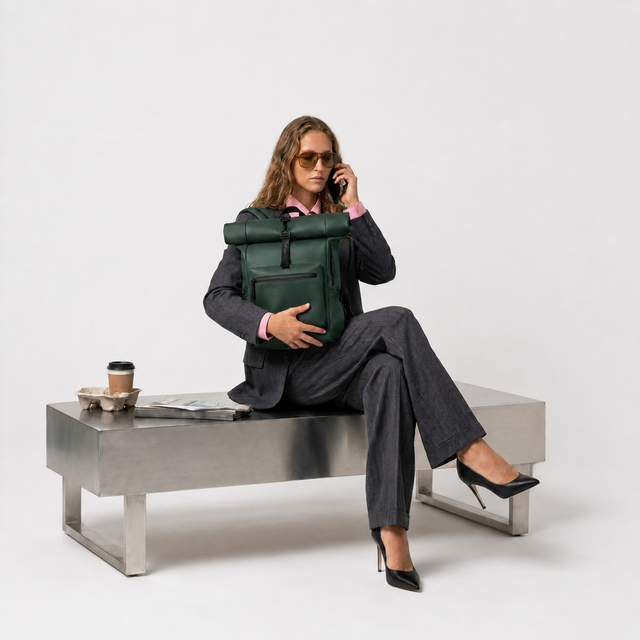 Donna in tailleur con zaino al telefono, seduta su panca con caffè.