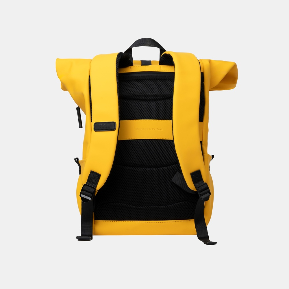 Zaino giallo con schienale e spallacci in mesh nero, mostrato da dietro.