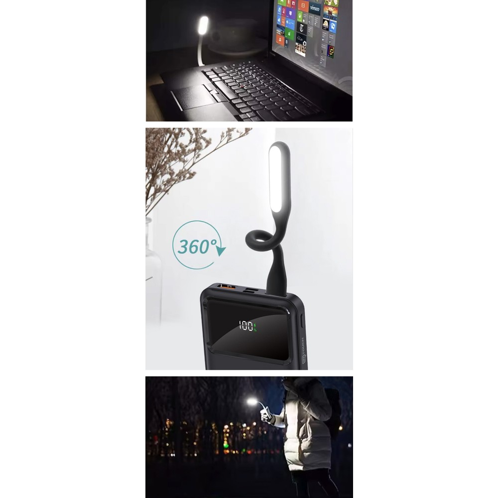 Küçük USB ışığı klavyeyi aydınlatır; powerbank üzerinde esnek ışık; gece ışıklı kişi.