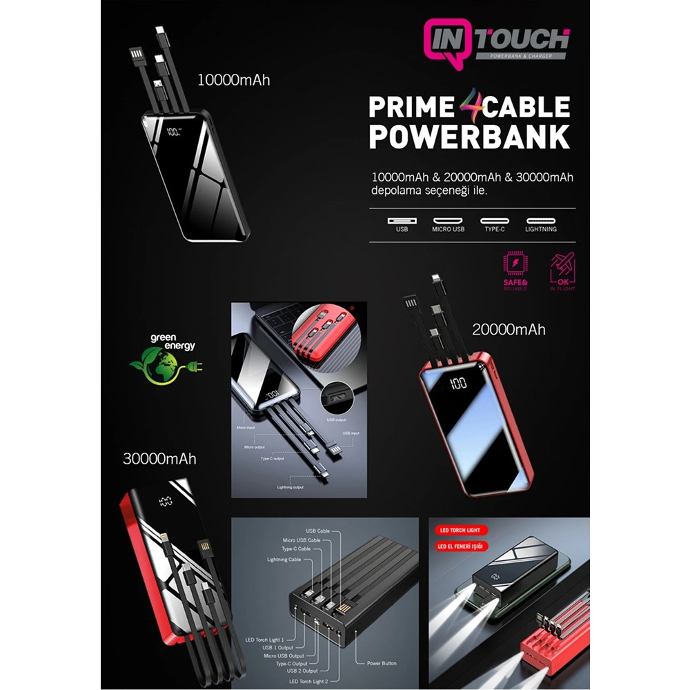 Entegre kablolu, çeşitli boyut ve renklerde birden fazla IN TOUCH powerbank.