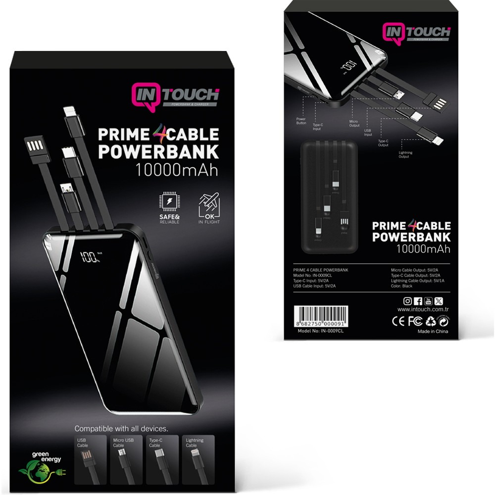 Entegre kabloları ve şarj göstergesi olan siyah powerbank kasası.