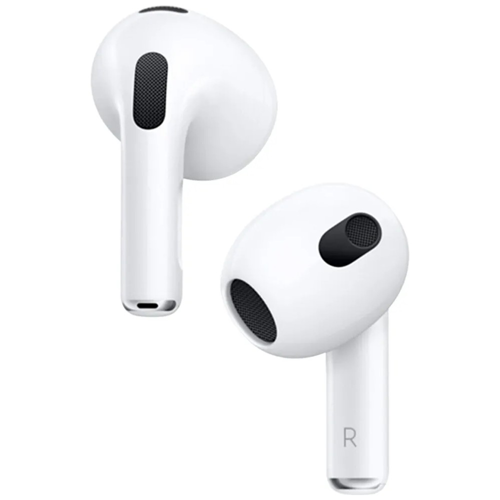 Beyaz arka plan üzerinde siyah ızgaralı iki beyaz AirPods.